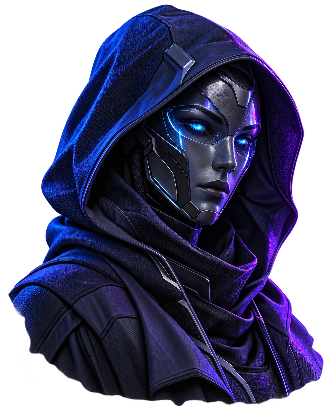 An original hooded cyber figure with a sculptural face illuminated in electric blue and violet